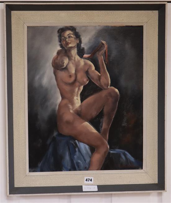 Gudrun Sibbens, oil on canvas board, Seated female nude, signed, 50 x 40cm